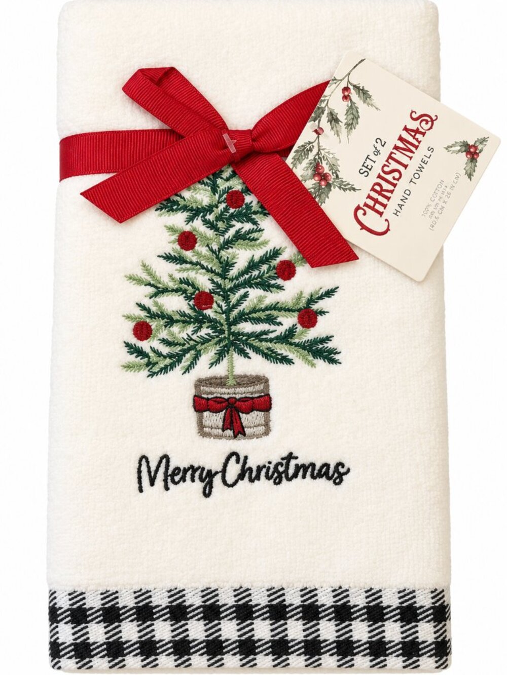 Merry Christmas Tree Hand Towels Embroidered White Buffalo Check 16x28" Set of 2